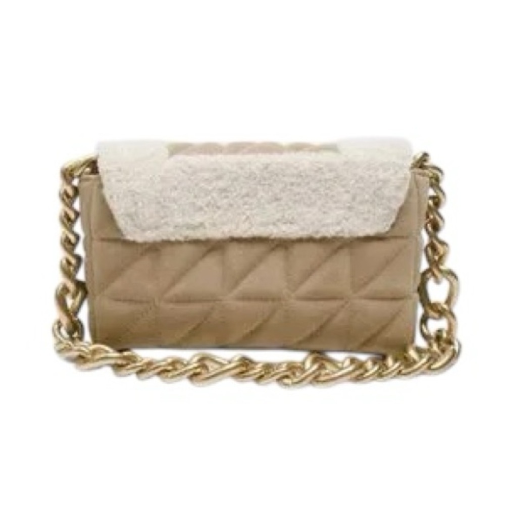 NWOT ZARA LEATHER HEAVY GOLD CHAIN QUILTED/FLEECE SHOULDER BAG - Picture 2 of 11